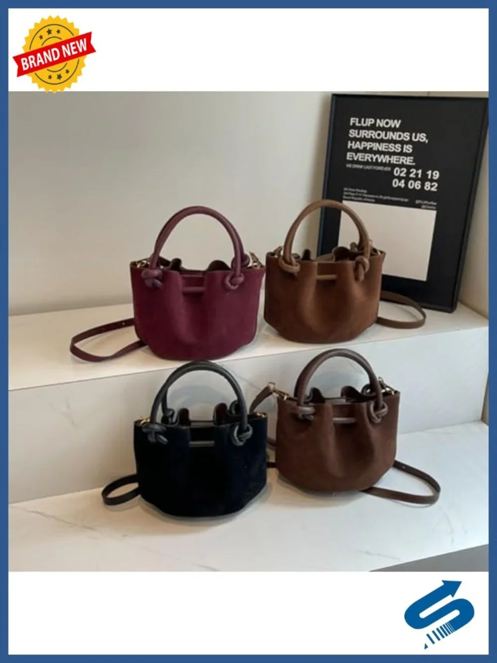PU Leather Drawstring Bucket Bag Crossbody Top Handle Purse